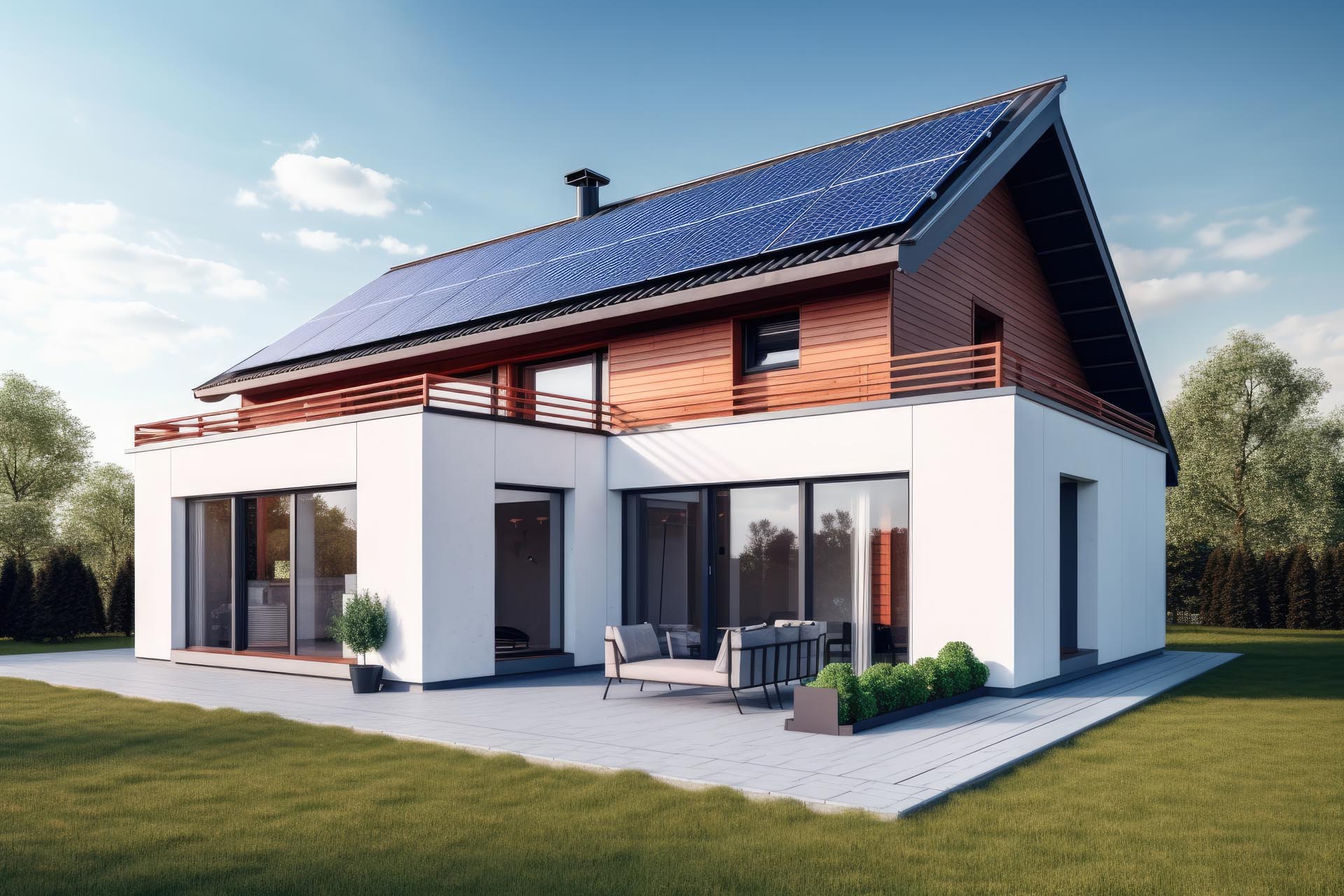 Modern house with solar panels on the roof 3d render