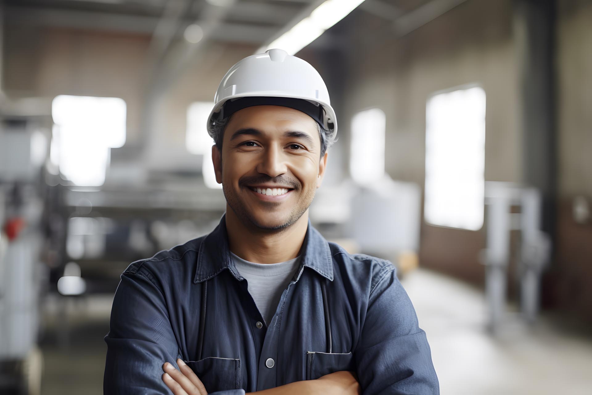 Portrait shot of a confident Hispanic male factory worker with arms crossed, industrial construction industry, robot industry. Generative AI