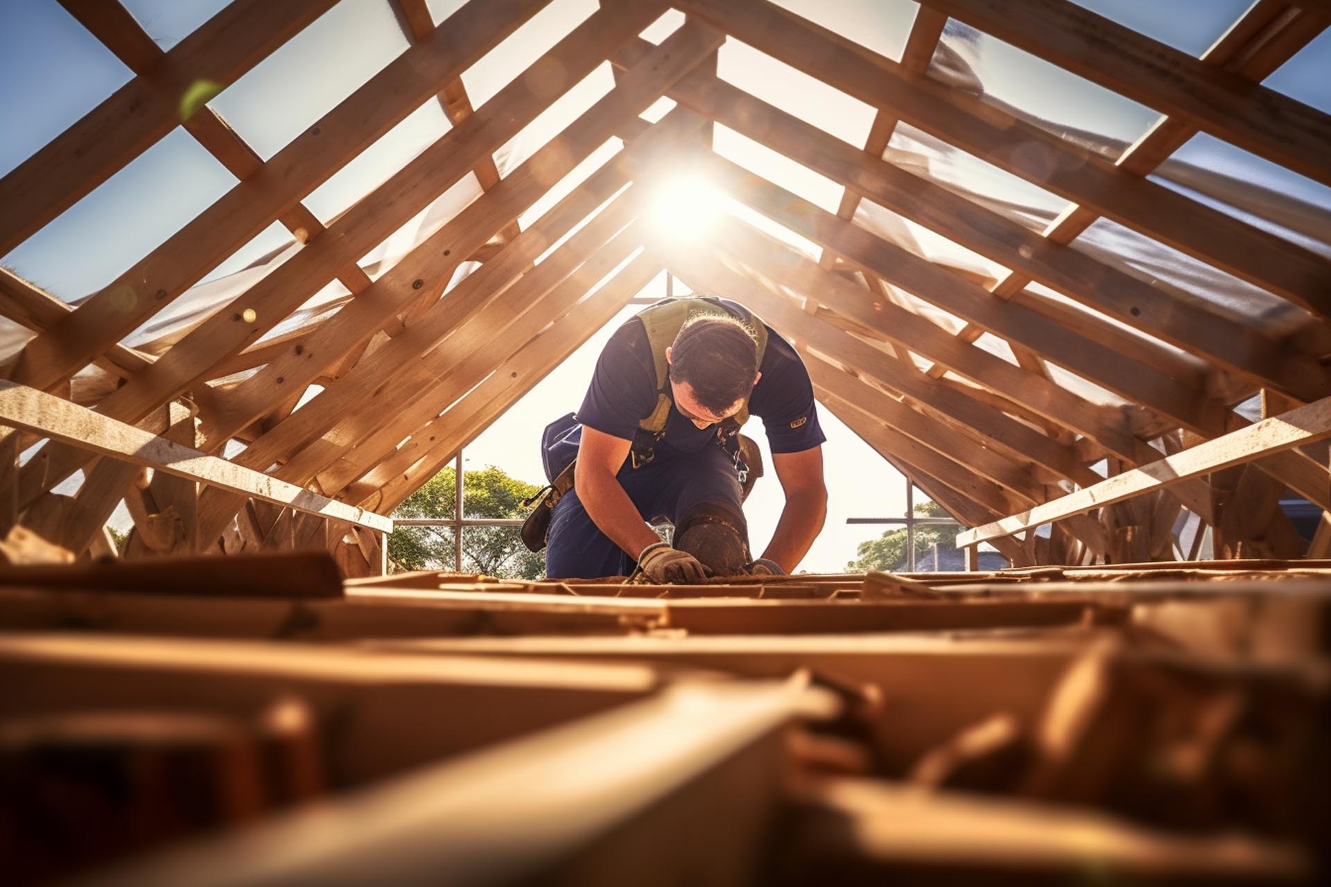 a male building tradesman works on a wooden roof structure with